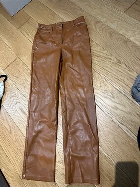 Faux Leather Straight-Leg Pants in Cognac Brown